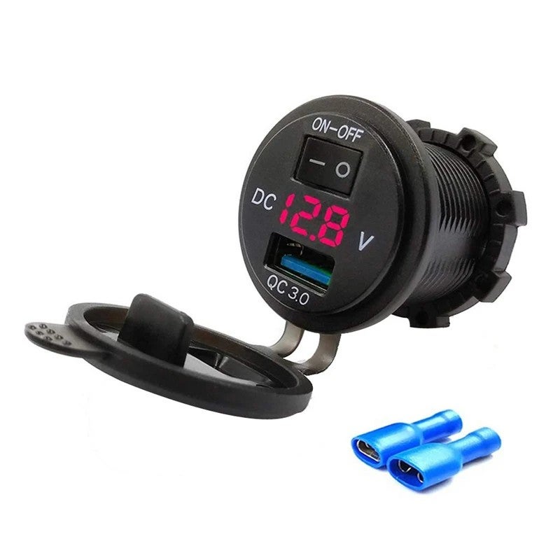 Bluejw Quick Digital Voltmeter 12V/24V USB Car Charger QC3.0 Fast Charger with On/Off Switch & Cigarette Lighter Adapter, Automobile Chargers - Image 1